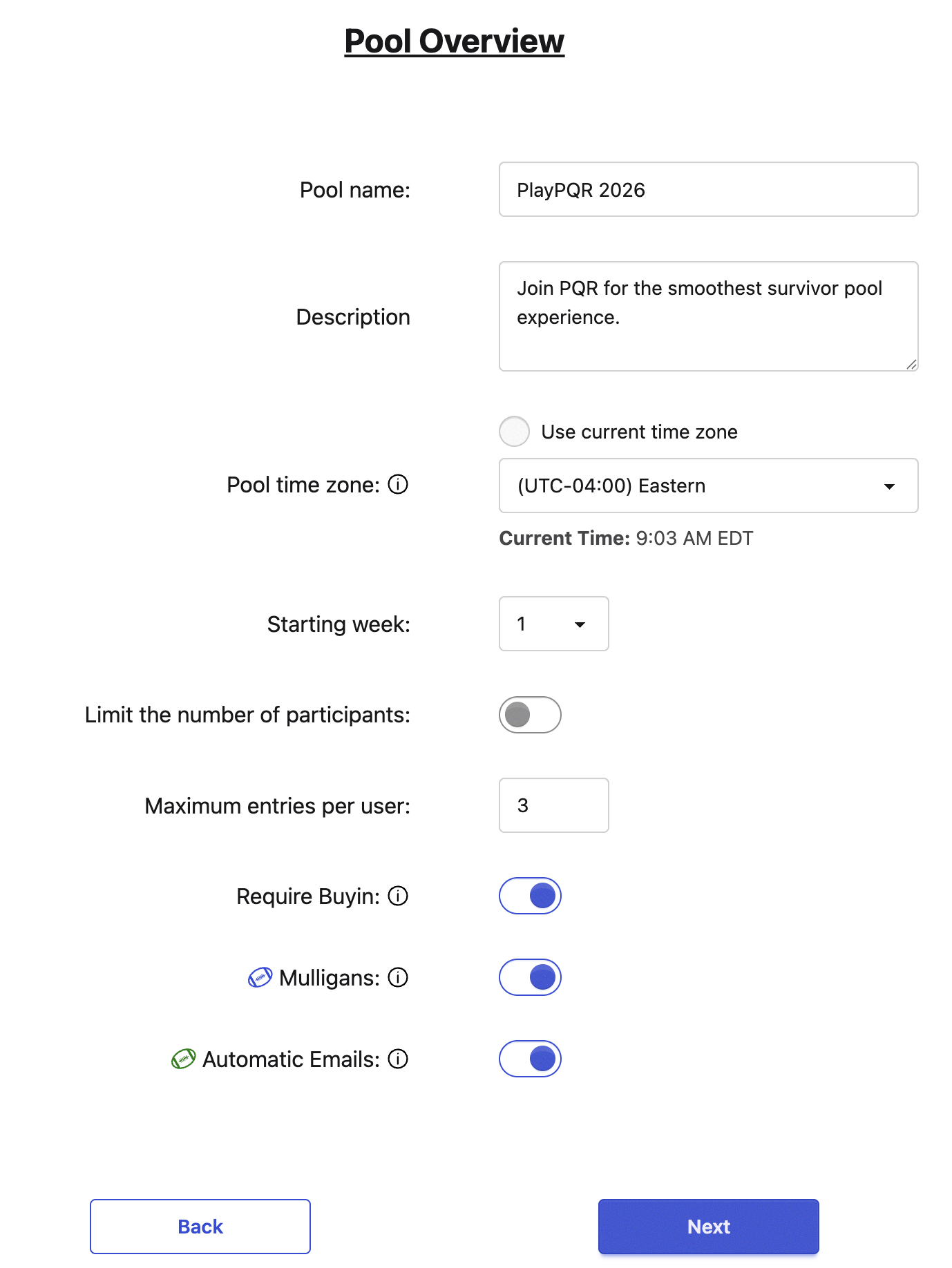 Screenshot of create pool page