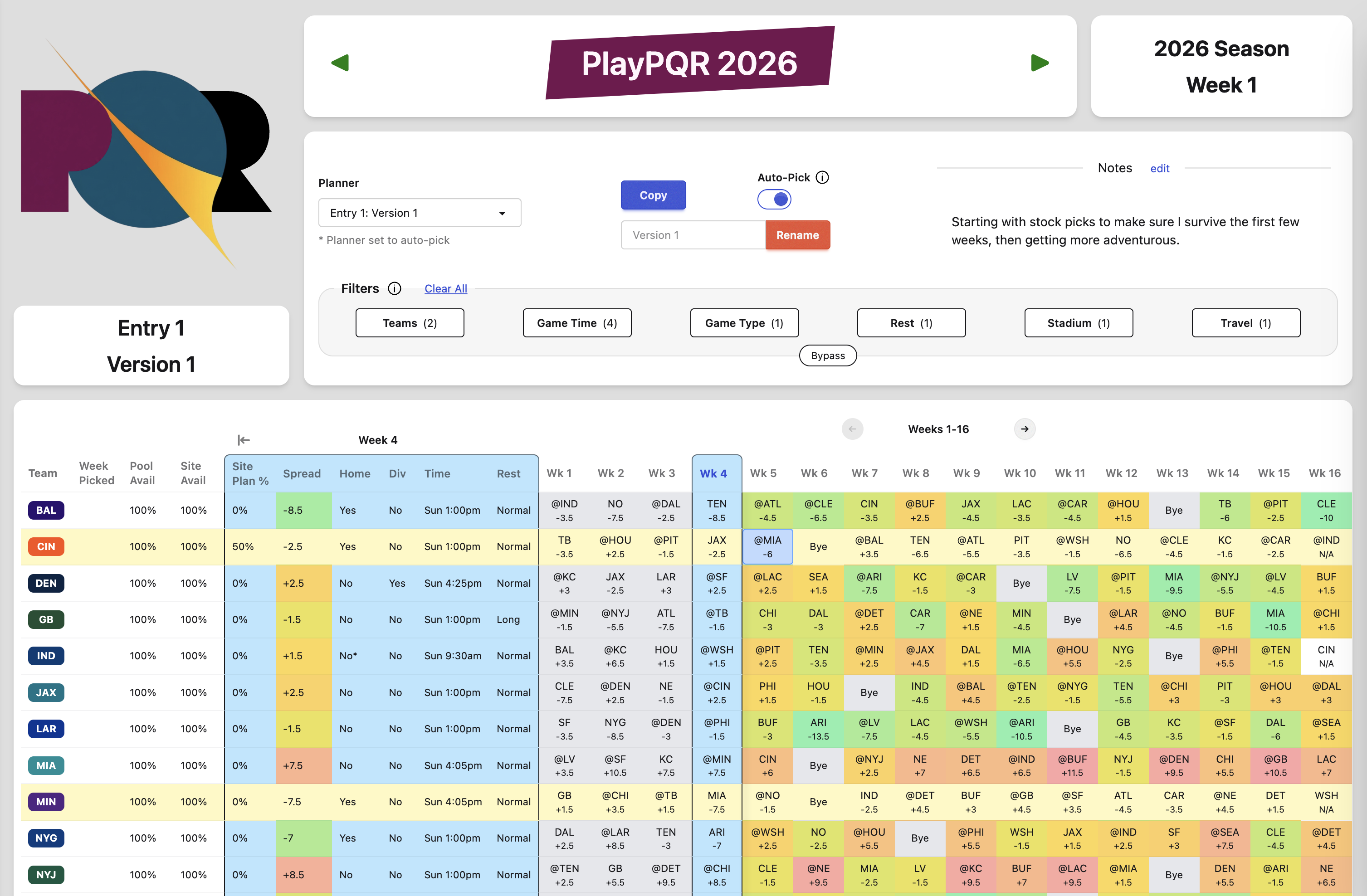 Screenshot of planner page